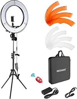 NEEWER 18″ Ring Light Kit with Dimmable LED Bulbs, Light Stand, Carrying Bag, and Color Filters for Professional Photography, Video Recording, and Social Media